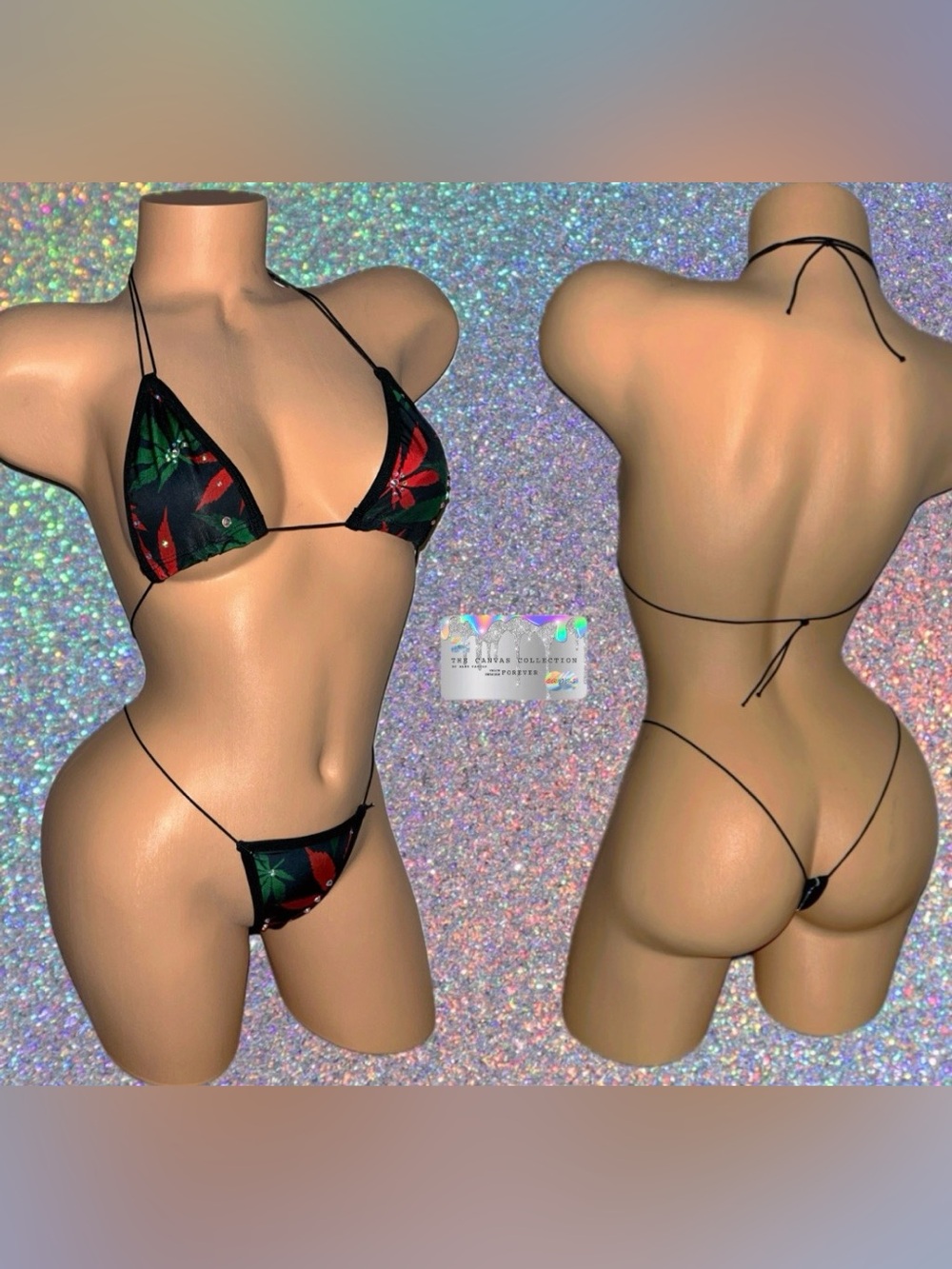 Exotic Dancewear: Black, Green & red 2 piece Bikini Set with rhinestones